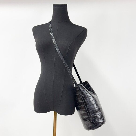 OAK + FORT Pleather Faux Croc Leather Bucket Back with rope handles pocket - Picture 1 of 12